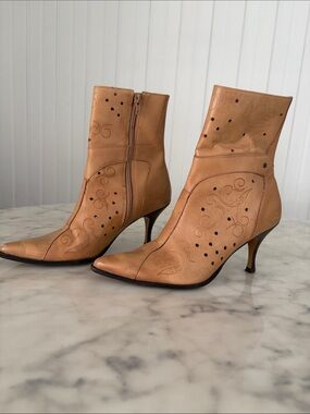 Two Lips Tan Pointed-Toe Embossed Ankle Boots